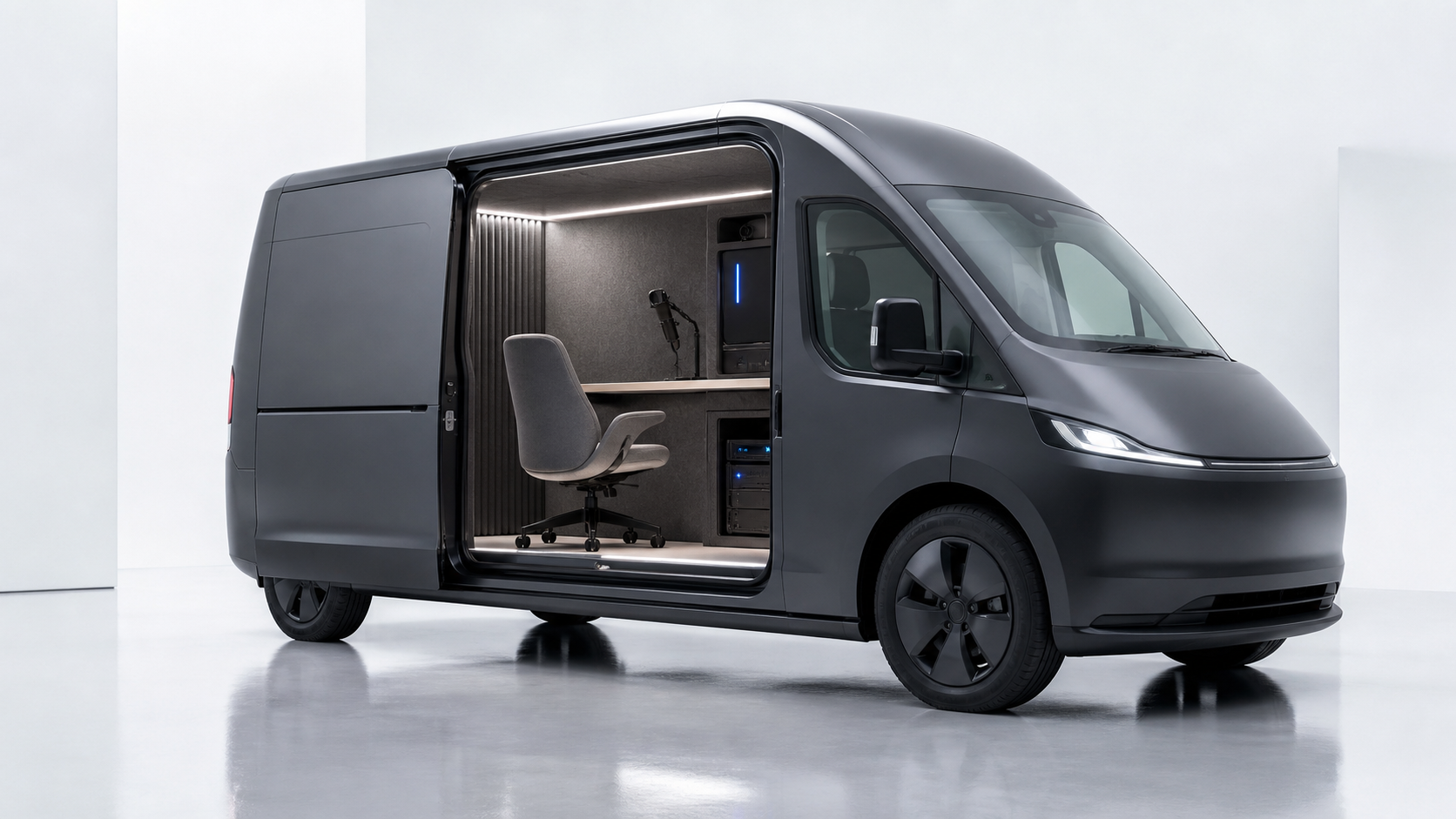 A matte graphite AuthX mobile interview unit opened to reveal a calm professional interview cabin